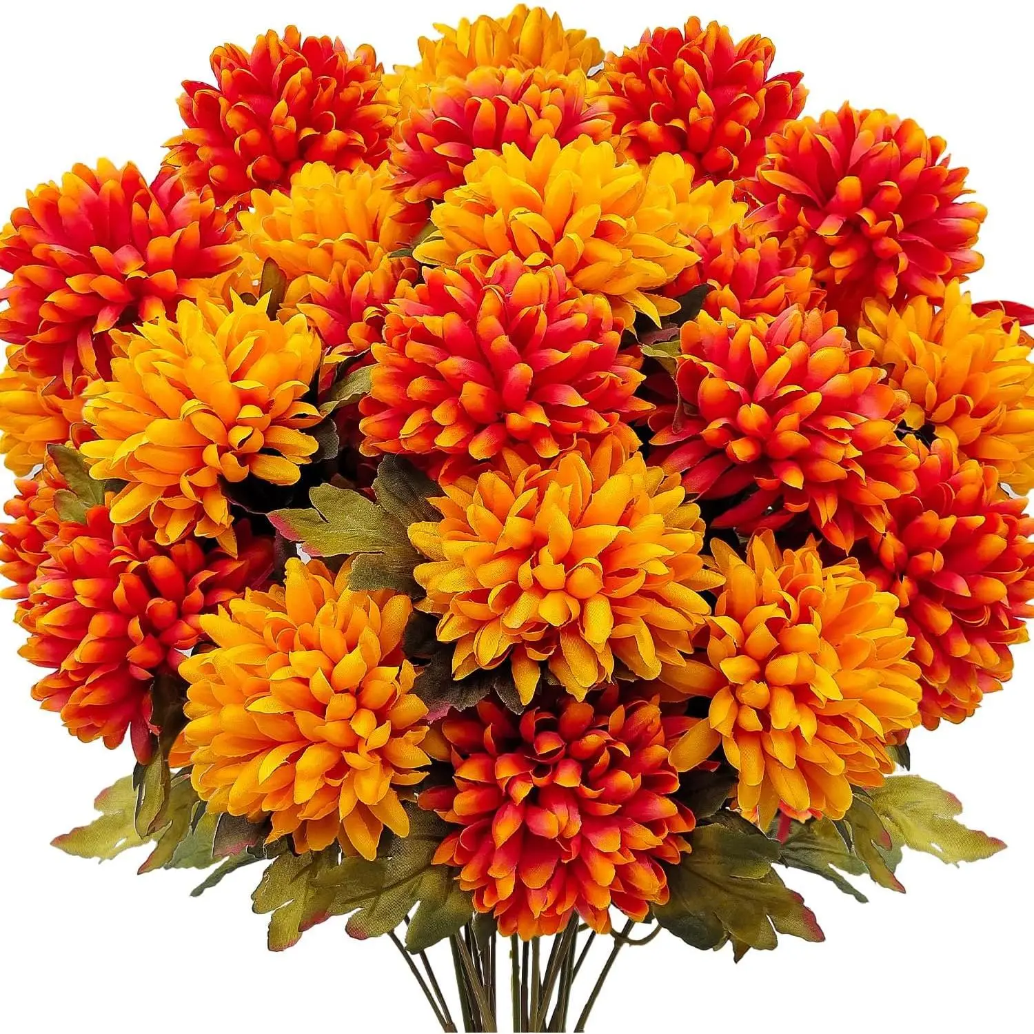 4 Bundles Large Artificial Fall Flowers Faux Mums for Outdoor Planters Silk Fake Chrysanthemums Bouquet for Home Vase Outside Front Porch Table Floral Arrangement Wedding Autumn Decor (Orange+Yellow)