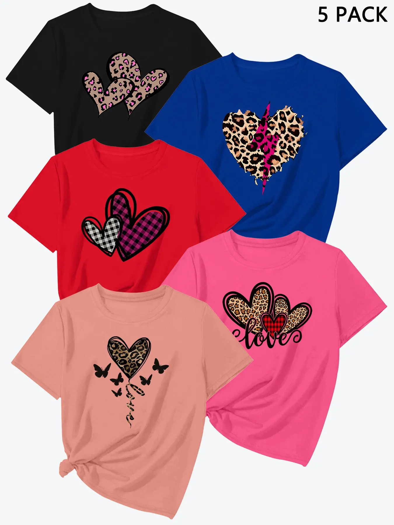 Summer New Heart Print Short Sleeve, High-Quality Women's Sport T-Shirt Set of 5, Casual Fitted Top, Multicolor Options