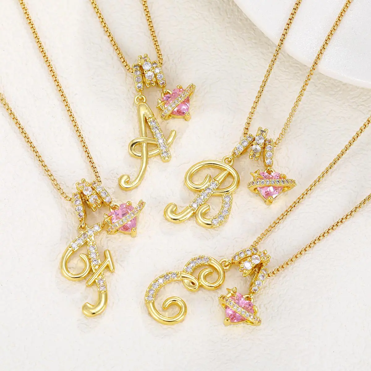 18K Gold Plated Trendy A-Z Letter Pendant Necklaces, Dainty Monogram Name Necklace Personalized Initial Trendy Pink Heart Cubic Zirconia Pendant Couple Necklace Special Occasions Party Jewelry