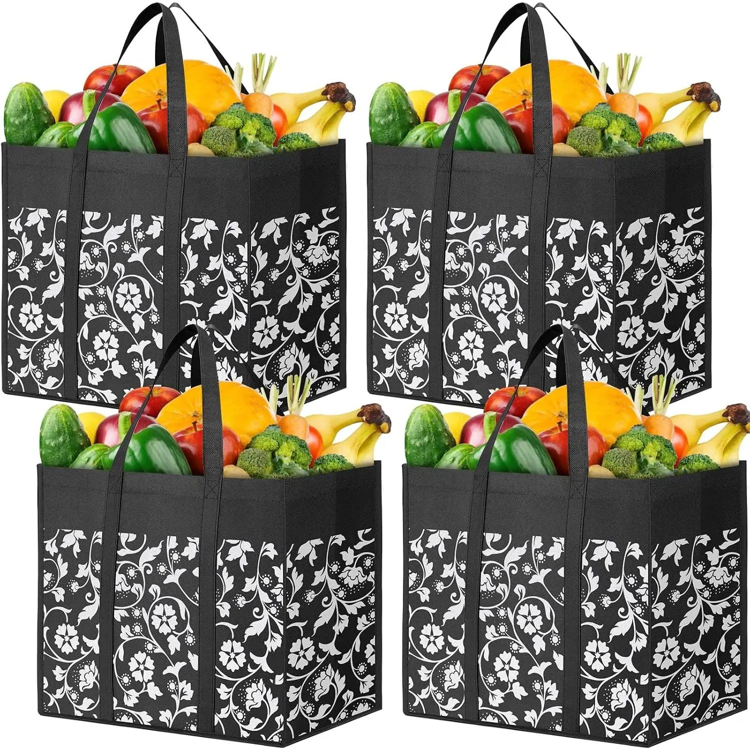 Grocery Bags Foldable Tote Bags bulk Shopping Bags 4-Pack, Black | Reinforced Handles Shopping Bags for Groceries Heavy Duty Kitchen  Grocery Bags with  Coating