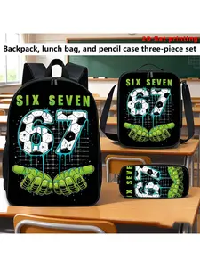 3pcs Set of Unisex Large Capacity Backpacks, Trendy Cool Number 67 , Adjustable Shoulder Straps, Zipper Closure, Set Includes Backpack, Crossbody Bag, And Pencil Case, Essential for Back to School, School, Camping