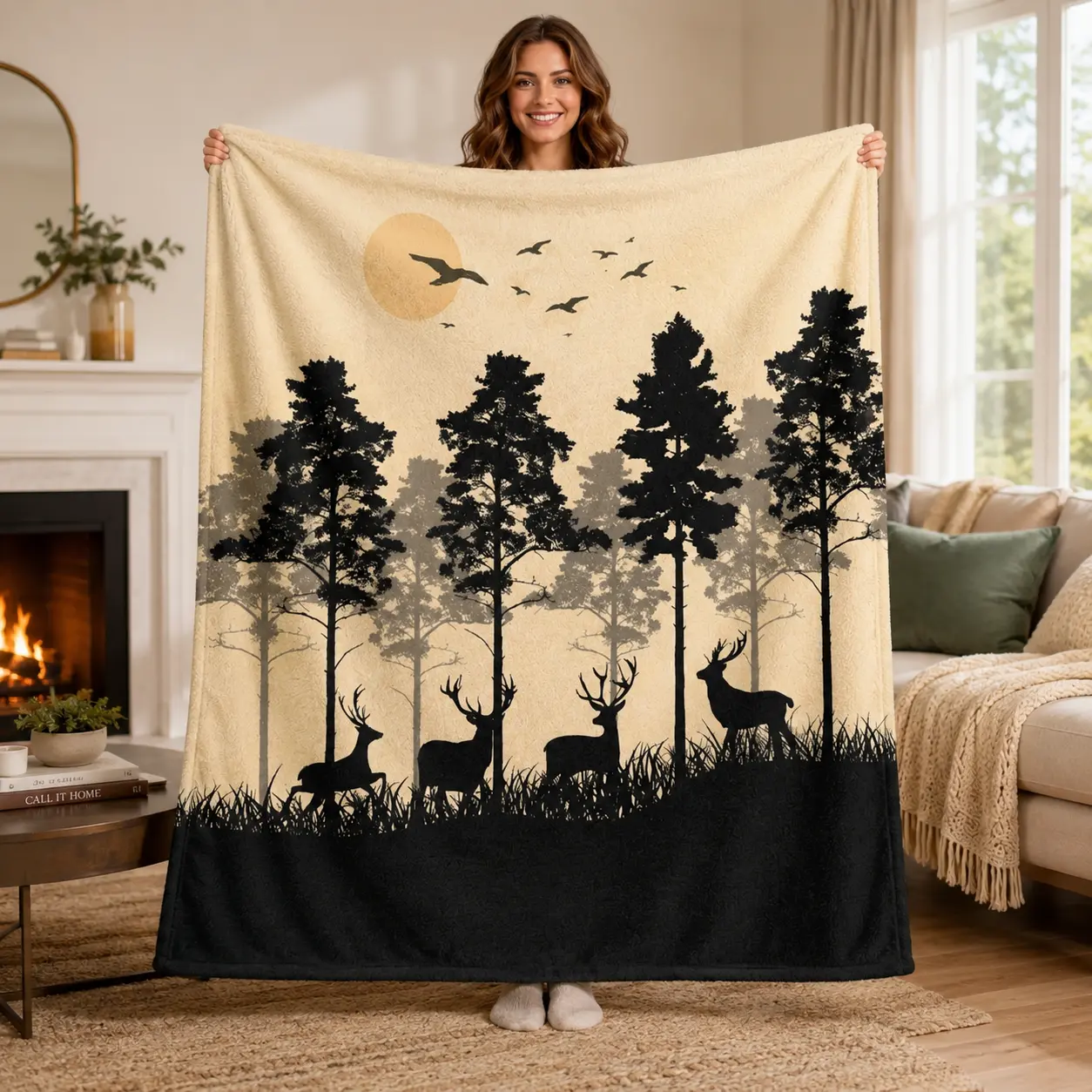 Woodland Deer Blanket, Cozy Flannel Fleece Blanket with Forest Tree & Deer Silhouette Design, Soft Warm Throw Blanket for Bed Sofa Couch Home Decor Gift
