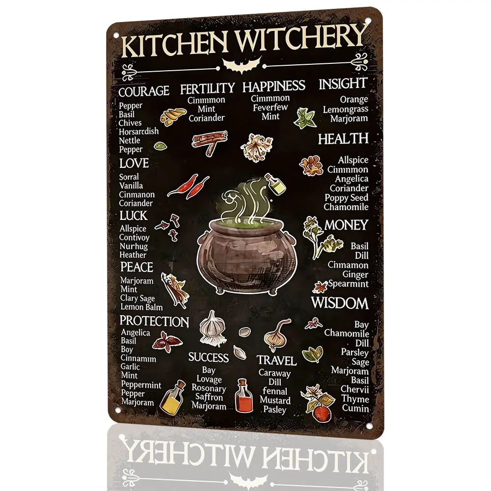 8×12 Inch Vertical Distressed Rustproof Aluminum Sheet Metal Sign, Kitchen Witchery Herb Magic Property Chart Vintage Gothic Wall Decor, Dark Cottagecore Cauldron Plaque For Kitchen Pantry Herb Shed, Unique Gift For Kitchen Witches & Herbalists
