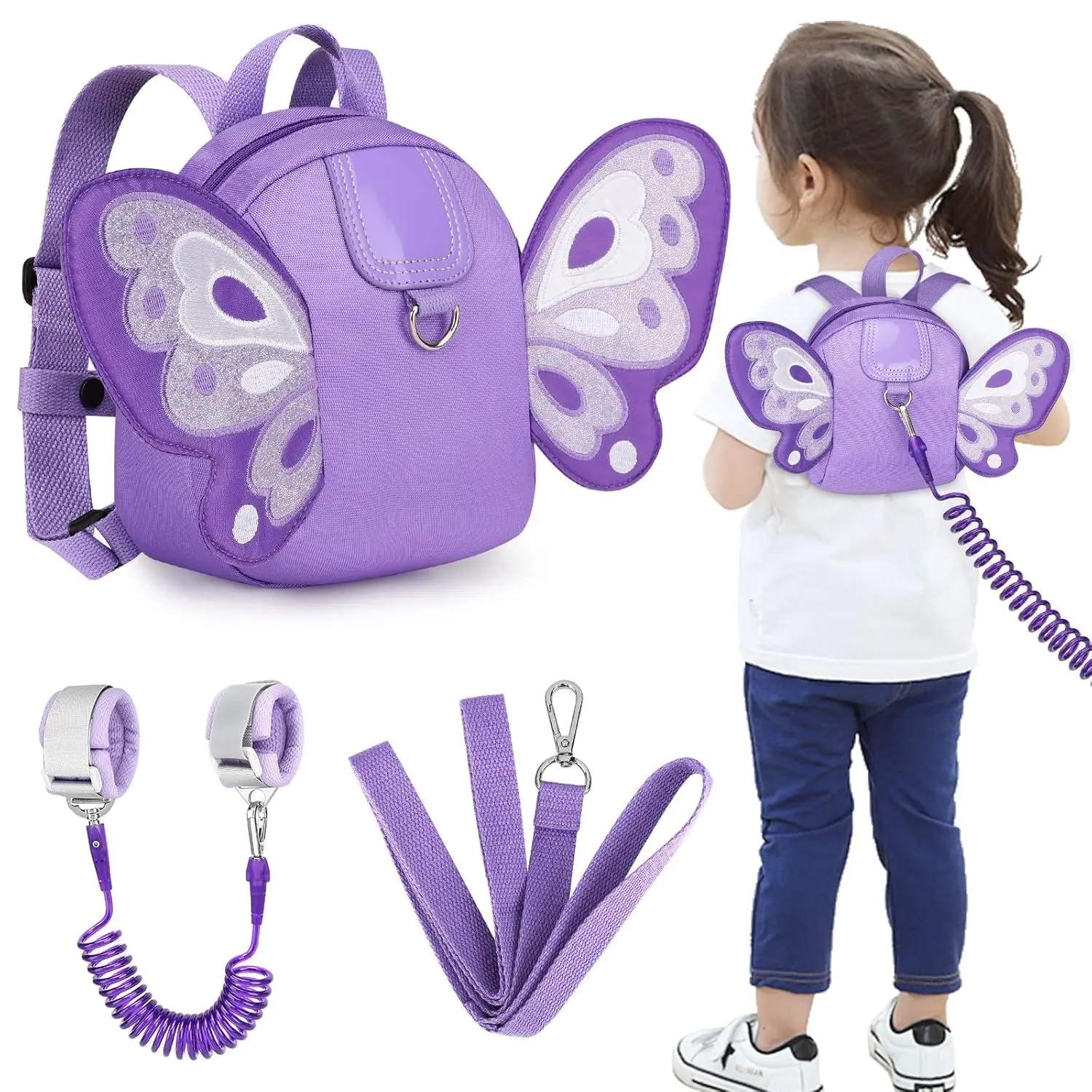 Toddler Harness Backpack Leash, Cute Butterfly Kid Backpacks with Anti Lost Wrist Link, Mini Child Backpack Harness Leashes Walking Wristband Travel Bag Harness Rein for Baby Girls (Purple)