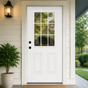 ARCH 32x80 Fiberglass Entry Door with 9 Lite Low-E Glass, 4-9/16 in.Vinyl Frame, White Wood Grain Surface, Right Hand Inswing, Primed Front Door for Home Entrance, Garden & Outdoor Use, Polyurethane Foam Core, White Color Options