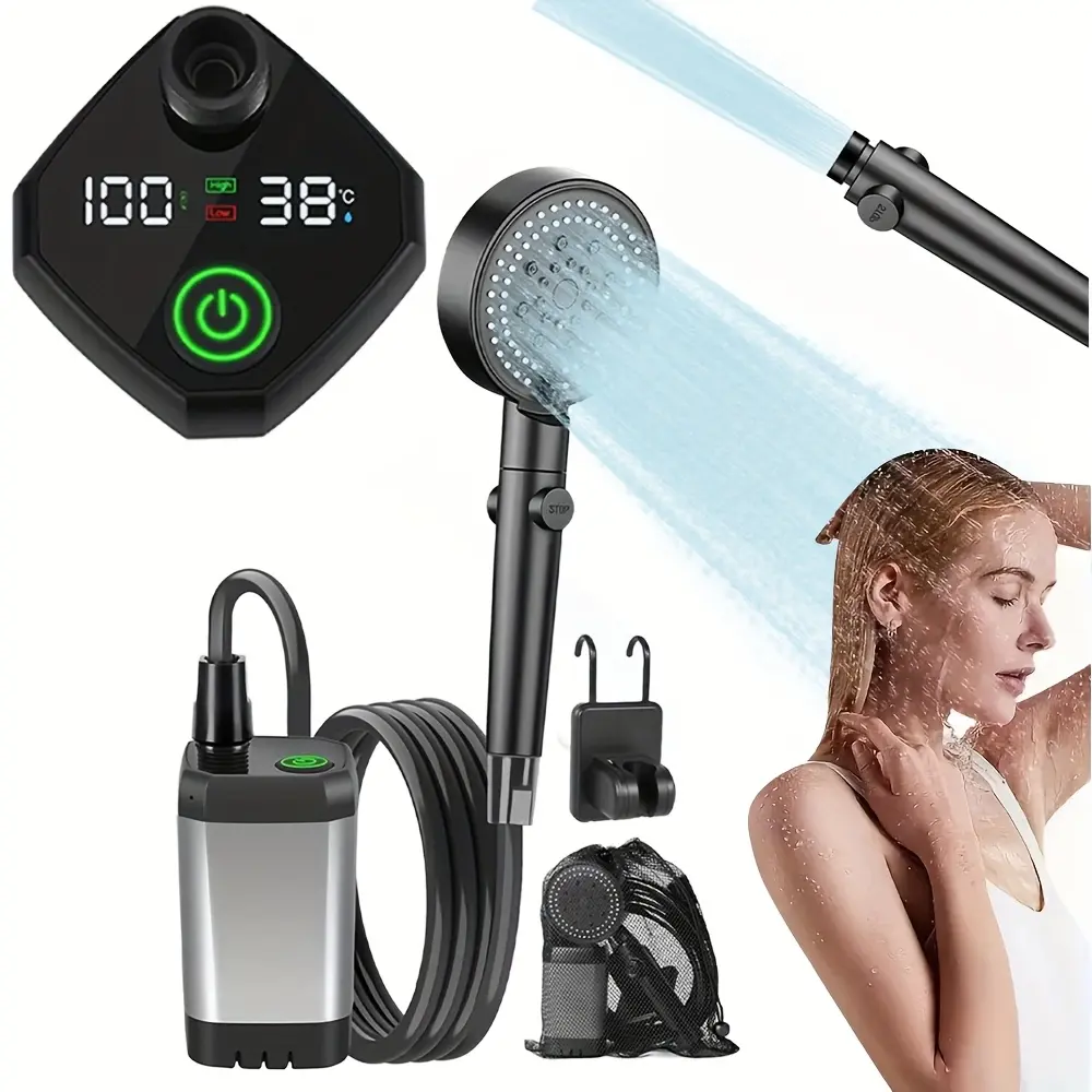 Portable Shower with Smart Digital Display, 6000Mah USB Rechargeable Battery, 6 Spray Modes, Lightweight Camping Shower, Ideal for Outdoor Activities, Hiking, Camping, Pet Cleaning, Car Washing, Beach Use