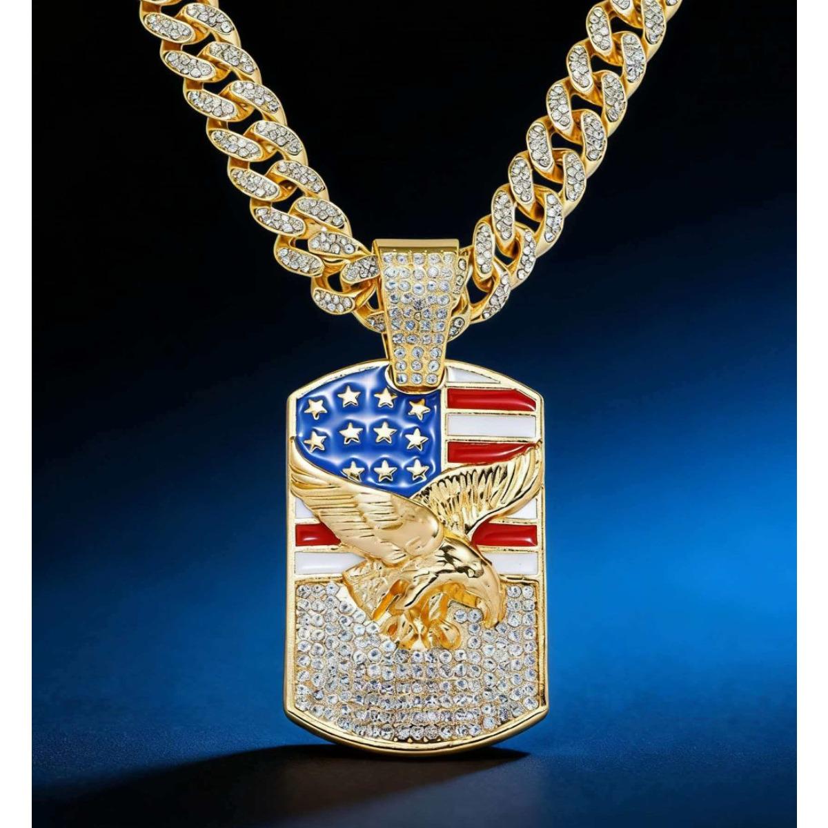 HIPHOP Jewelry Alloy Diamond Flag Eagle Pendant Necklace Men's Cuban Chain