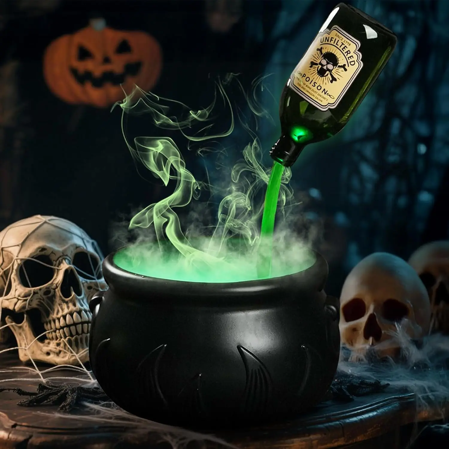 DIY Witches Cauldron Floating Potion Set - Halloween Indoor Decorations, Spooky Vintage Black Bowl with Mist Maker, Hocus Pocus Table Decor; Set Includes Home Mantel Room Accents