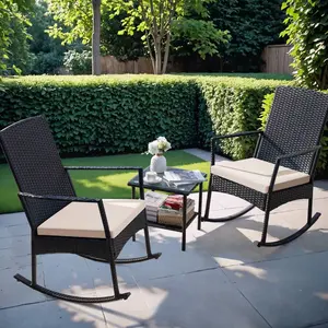 Devoko Rankok 3 Pieces Patio Rocking Chair Outdoor Conversation Sets Rocking Chairs Furniture Set  Bistro Sets  With Coffee Table