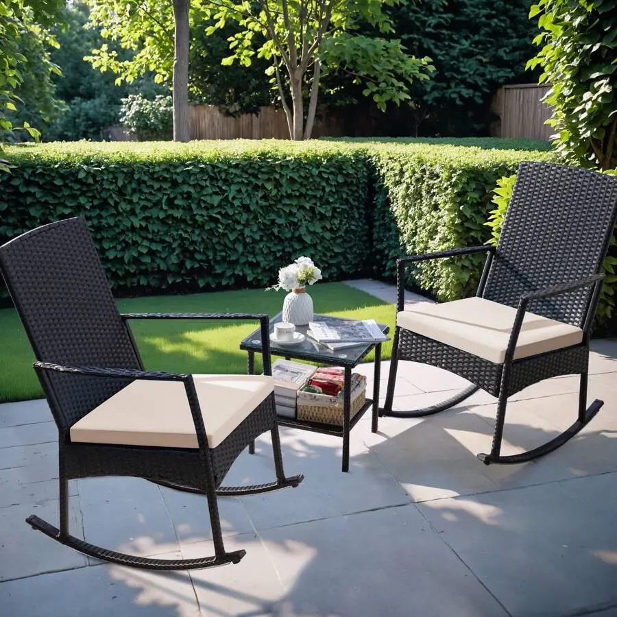 Devoko Rankok 3 Pieces Patio Rocking Chair Outdoor Conversation Sets Rocking Chairs Furniture Set  Bistro Sets  With Coffee Table