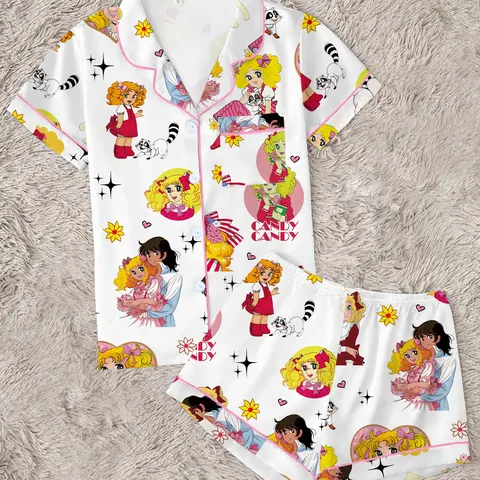 Women's Vintage Candy Sleepwear Loungewear Set, Cute Pajama Set, 2-Piece Short Sleeve, Cartoon Design, Fitted, All Seasons, Perfect Gift, Pyjamas