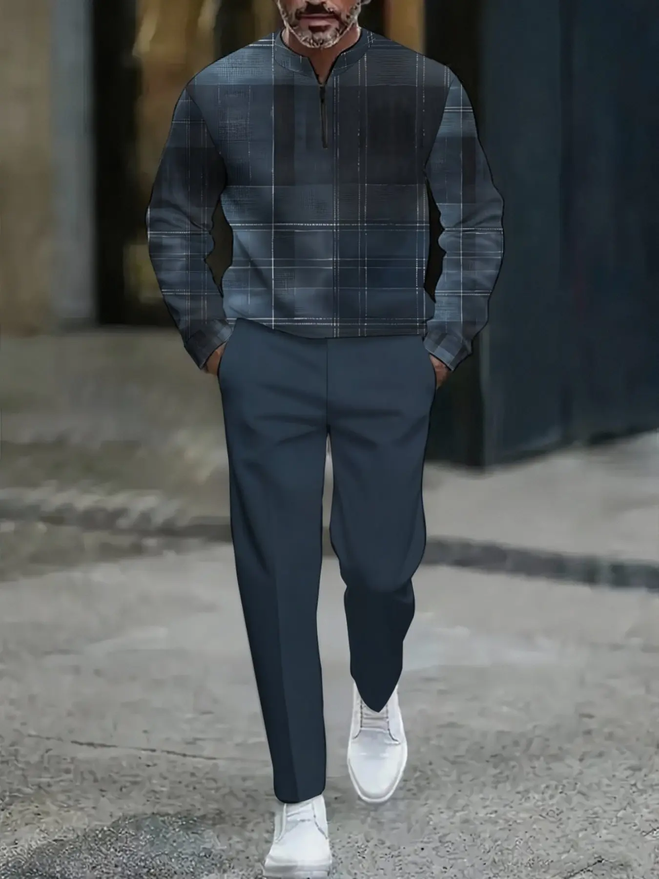 Men's Plaid Stand Collar Sweatshirt Set, Simple Casual Business Style, Deep Blue Checkered Jacket with Long Pants, Fashion Commute