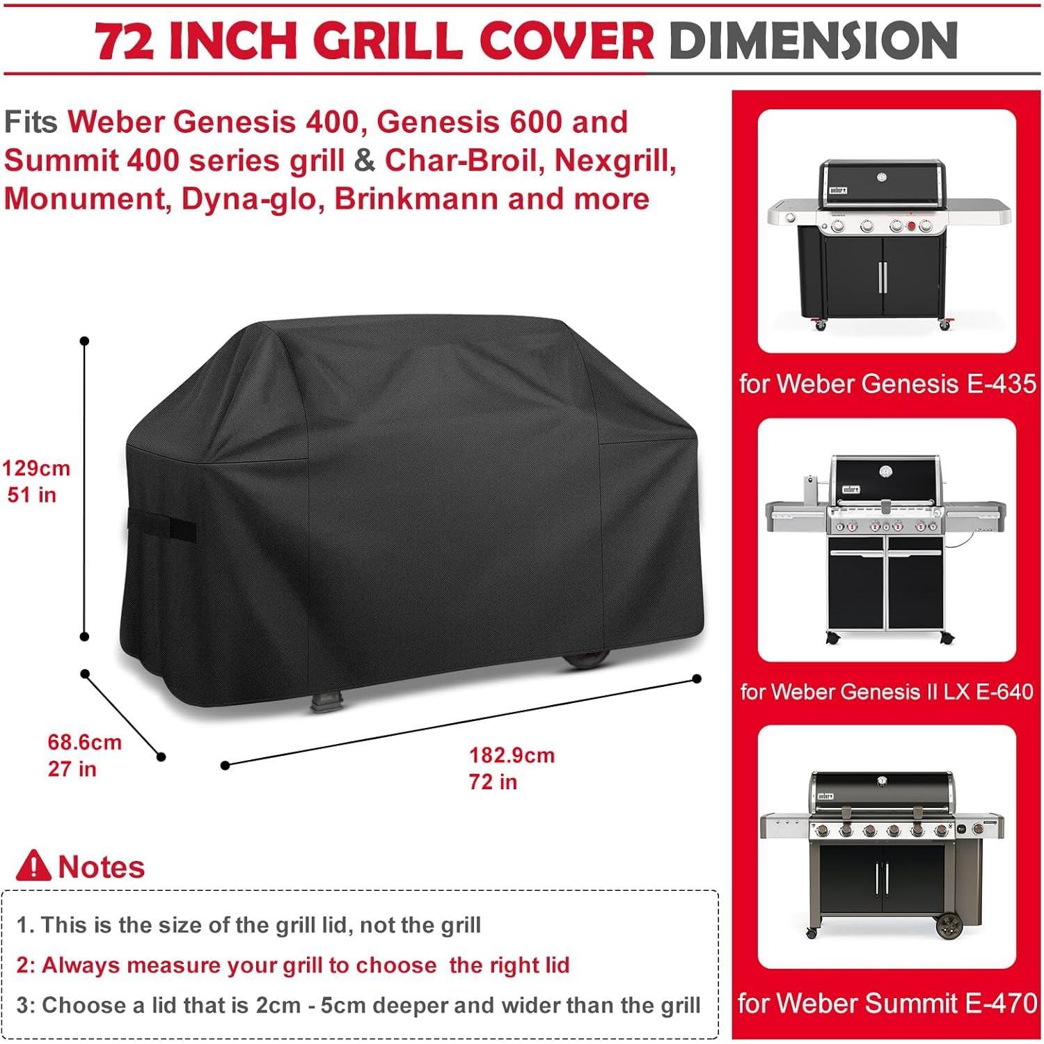 Grill Cover,72 inch Heavy Duty Grill Cover for Outdoor Grill,600D  Anti-UV Fade-Resistant Barbecue Gas Cover with Adjustable Straps for Weber,Genesis,Charbroil and More Grills