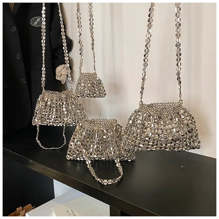Korean-Style Retro Shiny Plastic Sequin Bucket Bag, Handmade Beaded Crossbody Shoulder Bag, Chic Crossbody Bag for Vacation, Travel, Commute and Shopping, Fashion Crossbody Bags