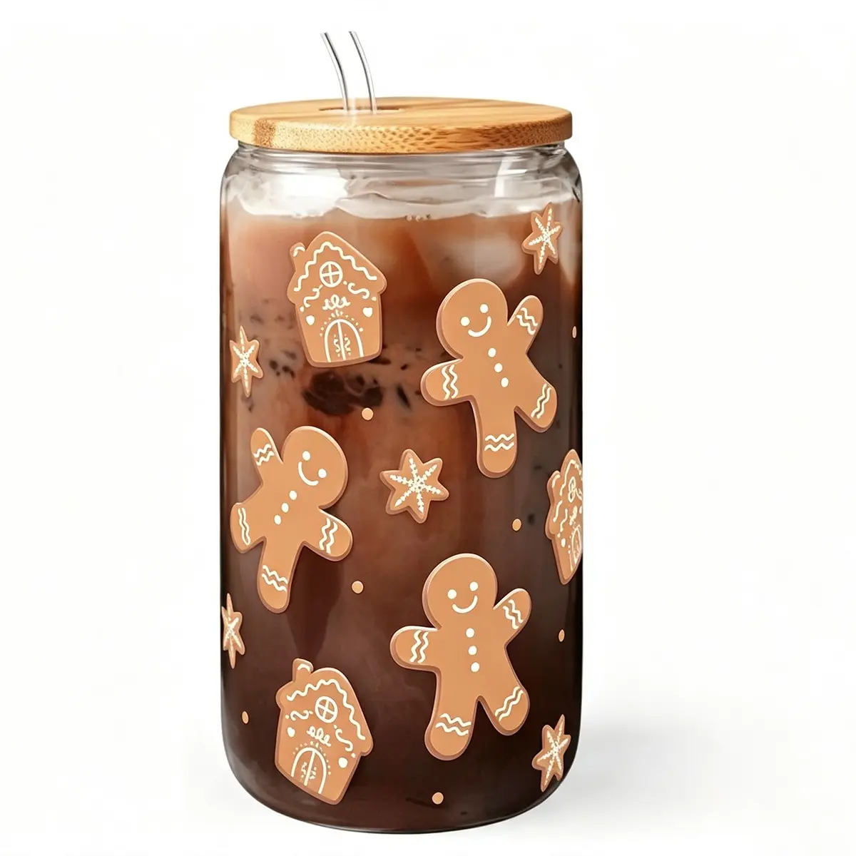 Christmas Gingerbread Man Theme 16oz Glass Cup Set, Acrylic Lid and Straw, Women's Iced Coffee Cup, Elegant Party Gift