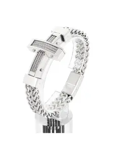 1 Piece Hip-hop Street Cross Pendant Bracelet with Wire Cable Design, European & American Stylish Double-sided Chain Titanium Steel Men's Bracelet with Magnetic Clasp
