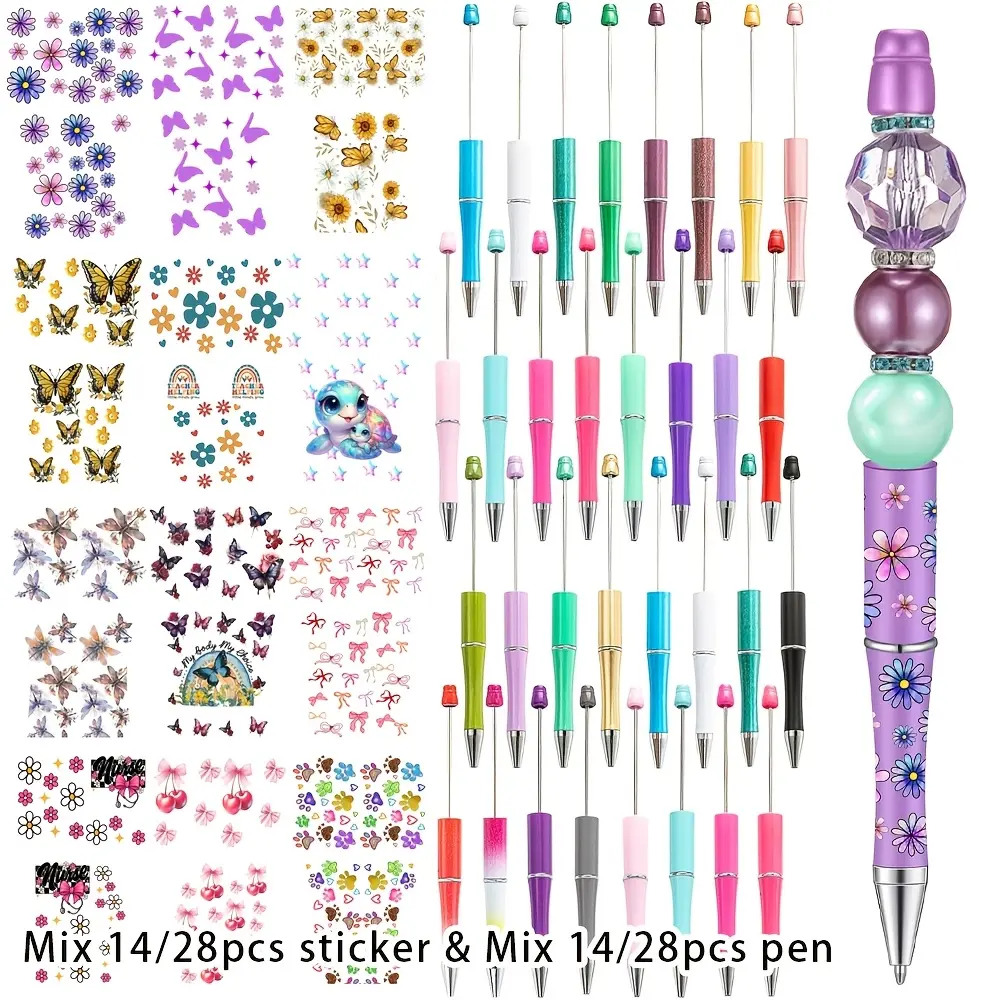 Mixed Sticker And Beadable Pen Set, Includes 14/28pcs Pens And 14/28pcs UV DTF Beadable Pen Wraps, Multiple Colors And Styles Fun Gifts Set for Office, Students