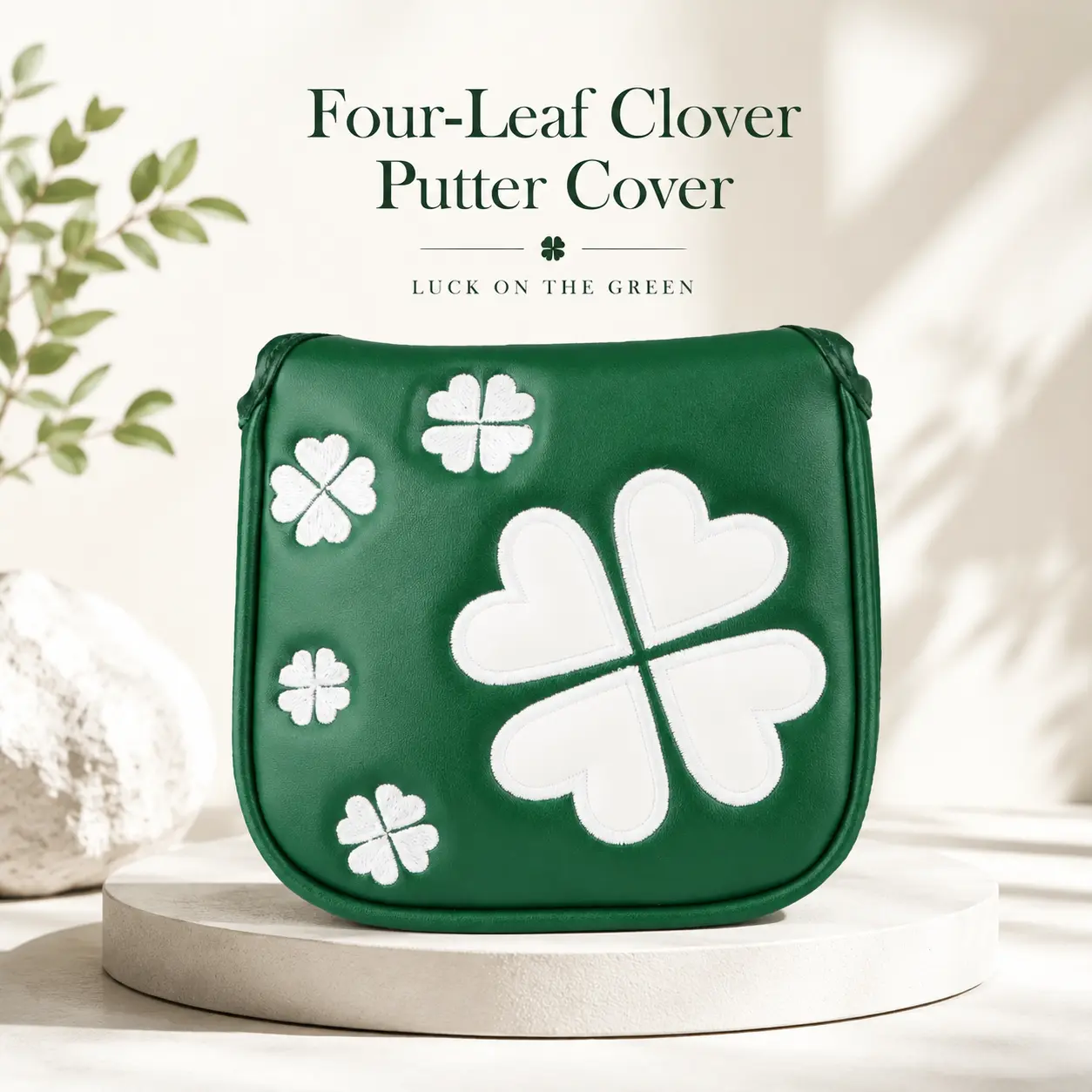 Premium Four-Leaf Clover Embroidered Square Putter Head Cover for Golfers – Durable Neoprene Fabric with Soft Lining, Universal Fit for Mallet and Blade Putters, Weather-Resistant Protection During Transport and Storage