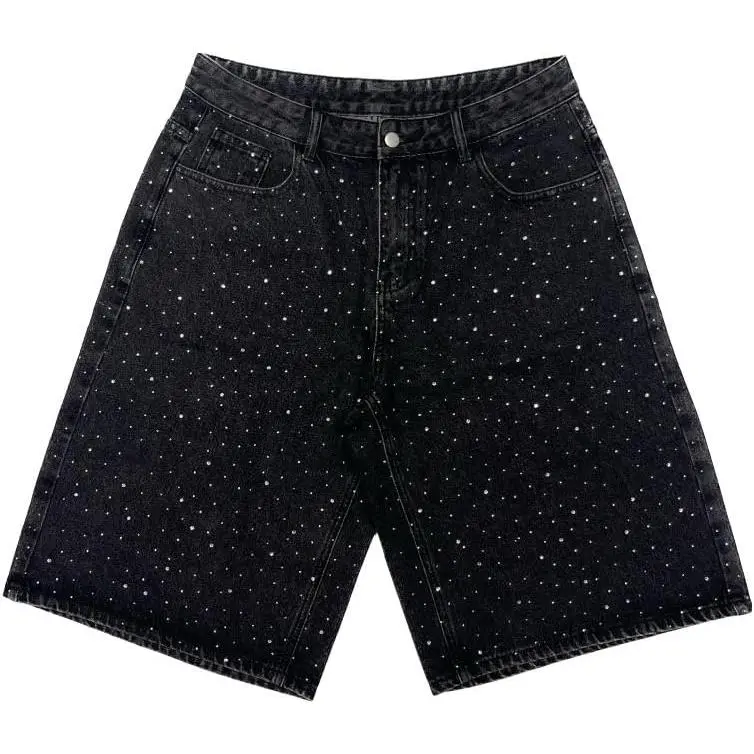 Men's Baggy Distressed Stretch Denim Jorts - Black, Rhinestone Embroidered, Crystal Studded, Loose Fit Menswear Fashion Geometric Casual Streetwear Bottoms, Rhinestone Jorts