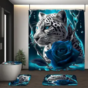 LVRLVR 4Pcs White Leopard Blue Rose Water Bubble Splash Print Wild Gothic Modern Art Style Dark Teal White Blue Tone Shower Curtain Set 70.8×70.8 Inch