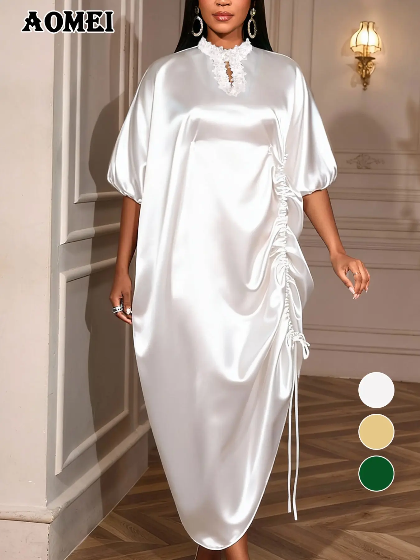 AOMEI Women's White Mock Neck Cut Out with Appliques Loose Adjustable Drawstring Bubu Kaftan Dress Long Satin Fabric Smooth Casual Wear Dress African Robes