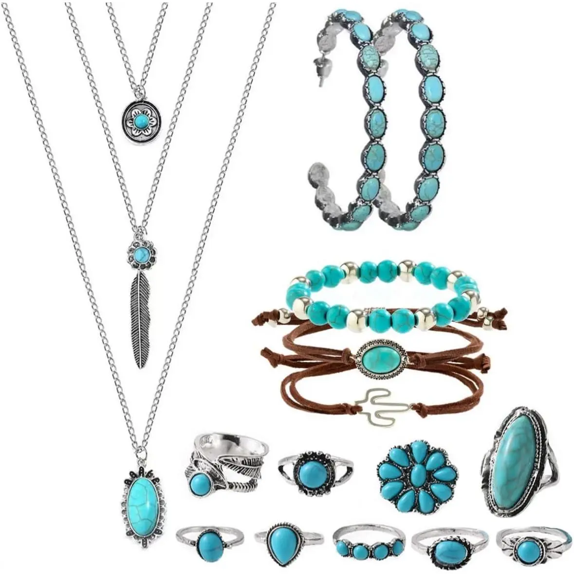 Modern Boho Jewelry Set for Women, Multi-pieces Turquoise Collection with Necklace, Earrings, Stackable Bracelets & Knuckle Ring, Low Allergen, Stackable Wear, Synthetic Stone
