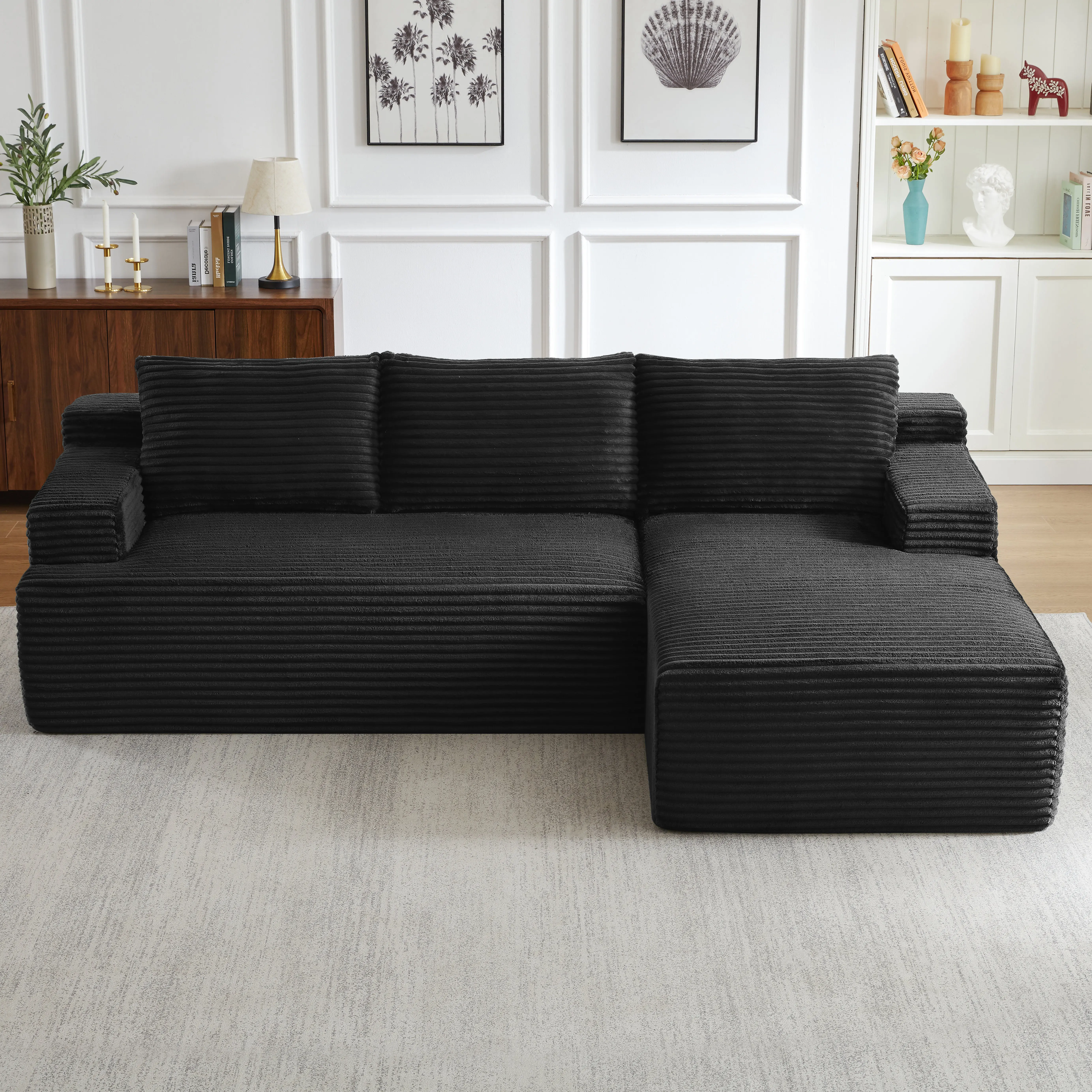 4-Seat Arch L-Shaped Cloud Sectional Sofa, Deep Seat Modular Couch Sleeper with Sponge-Pocket Spring Support, No Assembly Required, Black Corduroy Fabric for Living Room, Bedroom, 4-Seat Size, Cloud Shape