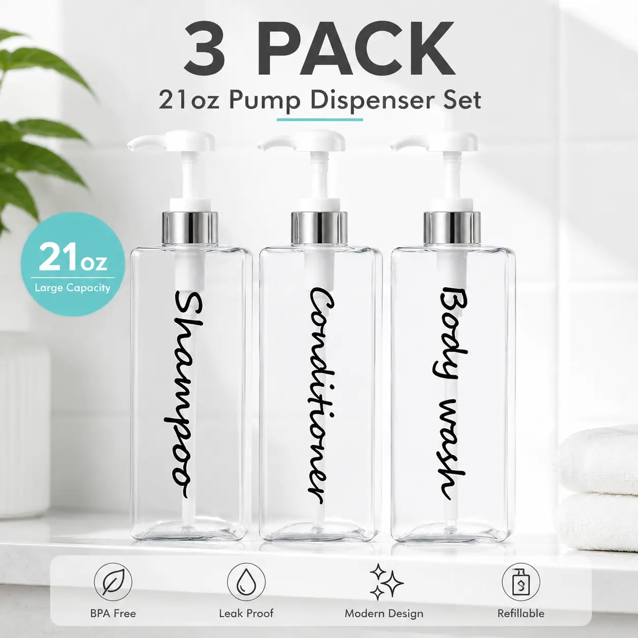 21oz Shampoo Dispenser - Refillable Shampoo and Conditioner Bottles (Clear, Set of 3) - Modern Shampoo Bottles for Shower Soap - Empty Shampoo Conditioner Body Wash Dispenser Set -