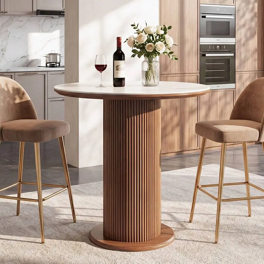 31.5" Round Bar Height Sintered Stone Table With Fir Wood Pedestal Base