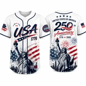 USA 1776–2026 Patriotic Baseball Jersey for Men & Women, Lightweight Polyester Button Up Shirt with Statue of Liberty, American Flag, Fireworks & Skyline Graphic Print, 4th of July Summer Streetwear Top