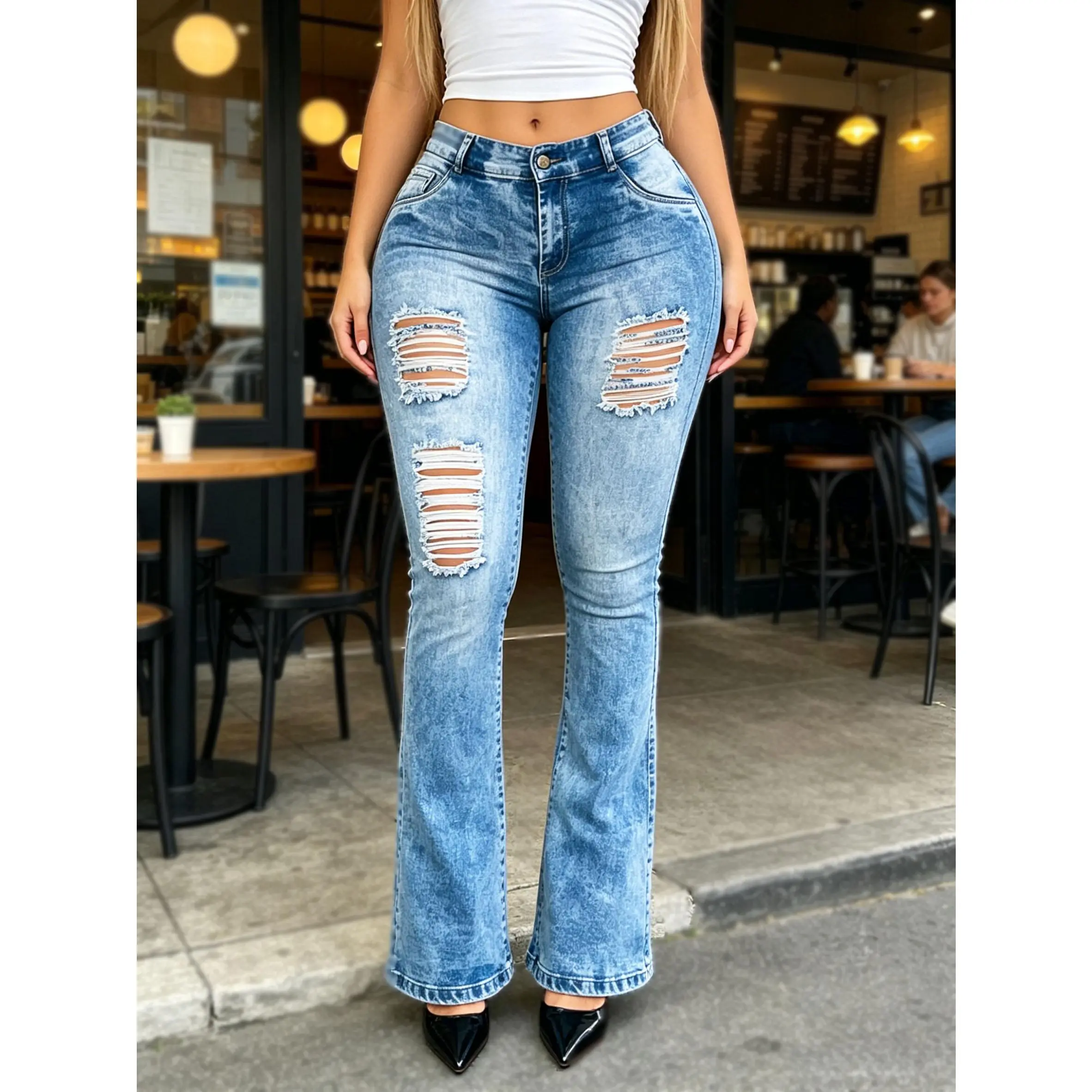 Plus Size Lady's Mid-Rise Ripped Bootcut Jeans, Retro Washed Denim, Comfy Elastic Waist, 3X Outfit for Dates