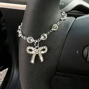 1pc Luxury Sparkling Rhinestone Bow Chain Car Steering Wheel Decoration Exquisite Elegant Unique Ladies' Car Interior Decor