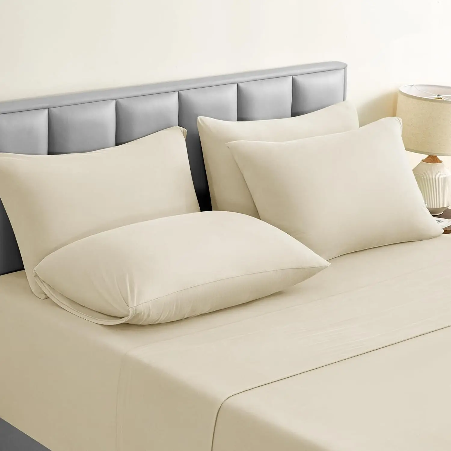 BYSURE 6-Piece King Size Jersey Knit Sheets Set, Super Soft Stretch Wrinkle-Free Spandex Blend Bed Sheets with 18" Deep Pocket, Cream, Six Pieces
