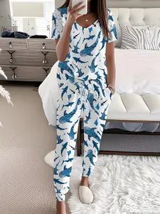 Blue Ocean Shark Print Women's Pajama Set, V-Neck Short Sleeve Top and Long Pants, Casual Comfortable Wearable Sleepwear Loungewear