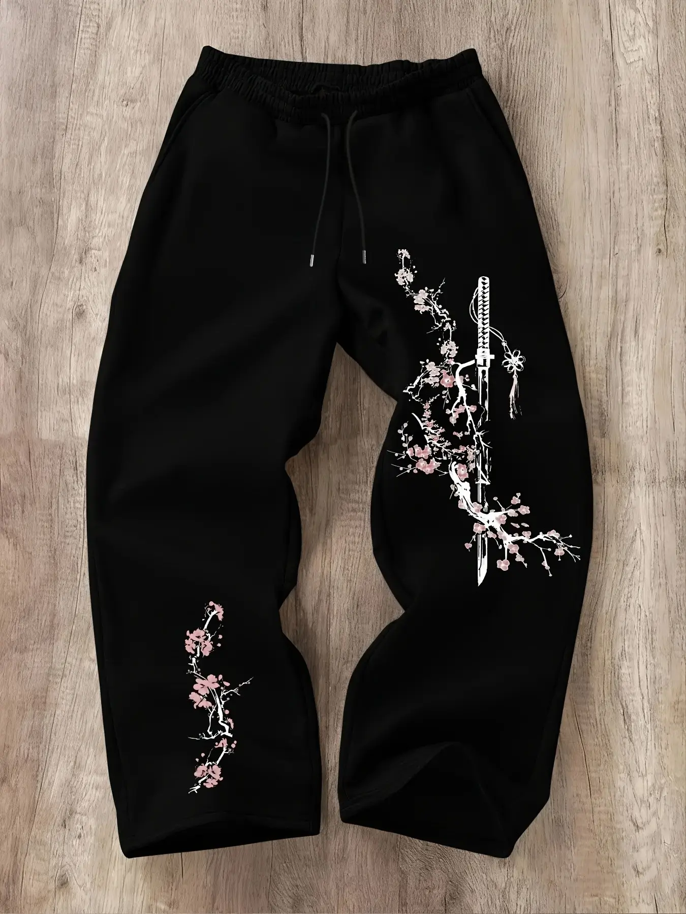Unisex Oversized Japanese Streetwear Sweatpants, Japanese Samurai Katana & Pink Cherry Blossom Print Pants, Soft & Comfortable Drawstring Casual Joggers for Daily Wear & Y2K Aesthetic