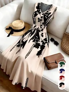 Women's Fashion Casual Sleeveless Floral Print Dress, Waist-Cropped Flare Skirt, Summer Vacation, Office, Beach, Graduation Party