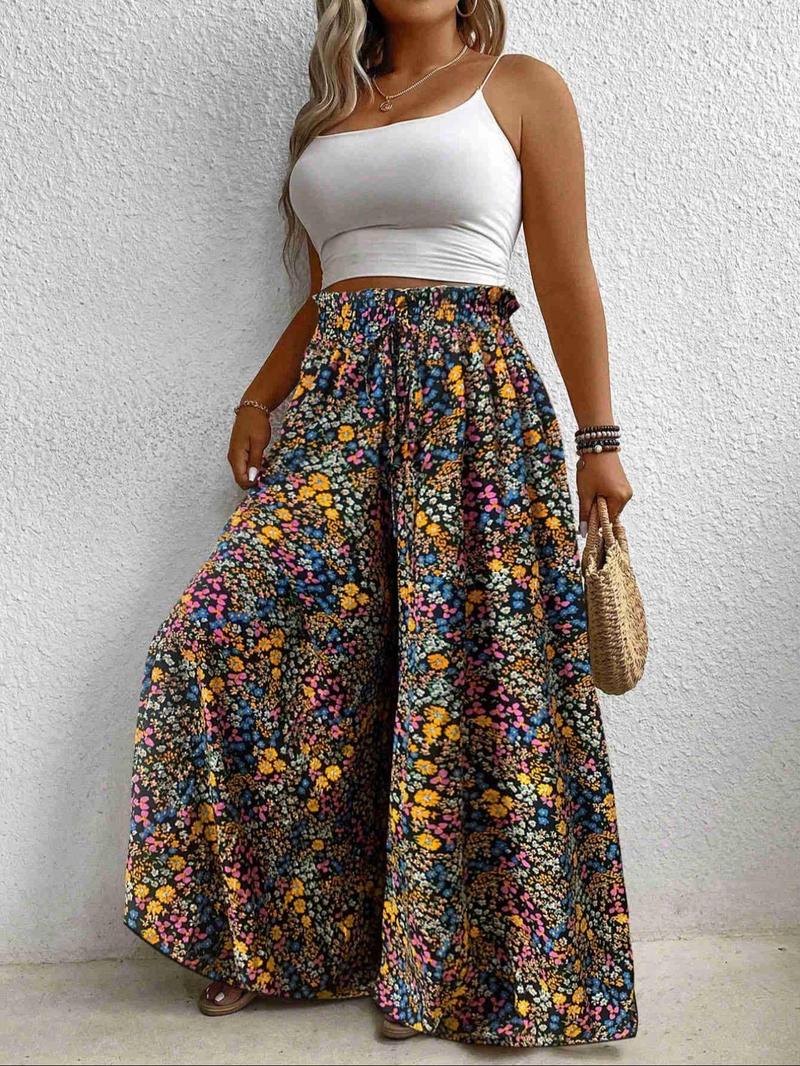 ["Plus Size"] Floral Print Pants, Bohemian Street Trousers, Boho Casual Comfy Wide Leg Trousers for Vacation Holiday, Women's Bottoms for Summer