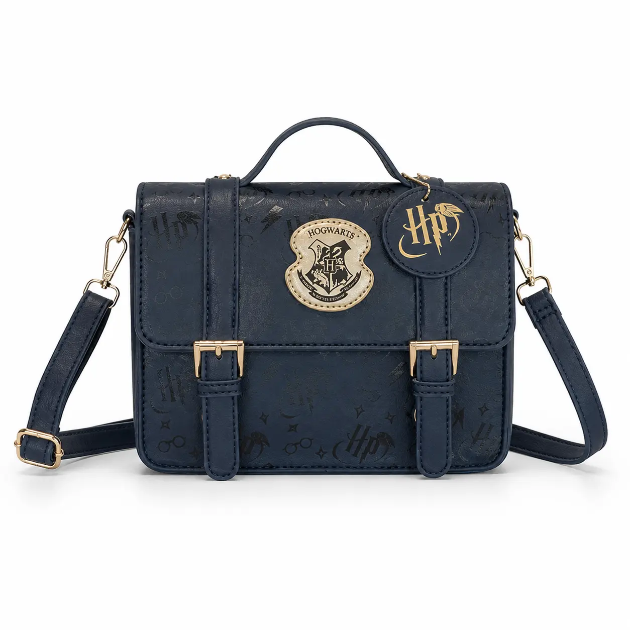 Harry Potter Hogwarts Women's Crossbody Bag, Black Tonal Print Satchel Purse with Top Handle, Adjustable Strap, Twin Buckle Detail, Gold-Tone Hardware