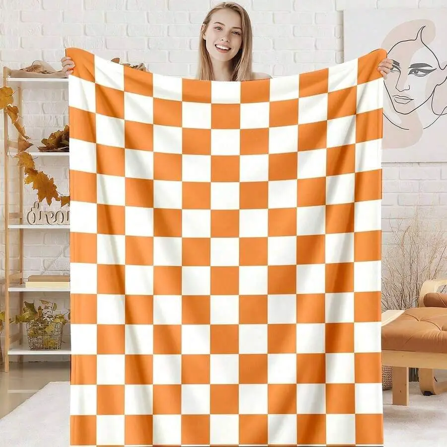 Orange White Checkered Flannel Blanket, Soft Checkerboard Plush Throw Blanket, Lightweight,Home Decor Cozy Blanket for Bedroom Bed Sofa Couch Living Room Office Nap Travel Car Camping Home ,Back-to-School Must Haves