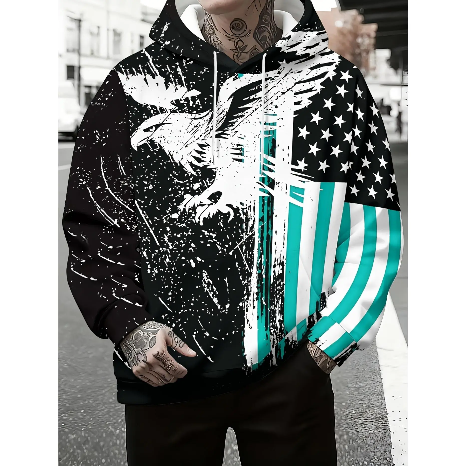 Men's Eagle and Stars and Stripes Printed Sweatshirt - Loose Casual Hoodie with Pockets, Suitable for Spring and Autumn, Machine Washable, Bald Eagle and Star Pattern Design, Ideal for Outdoor and Daily Wear