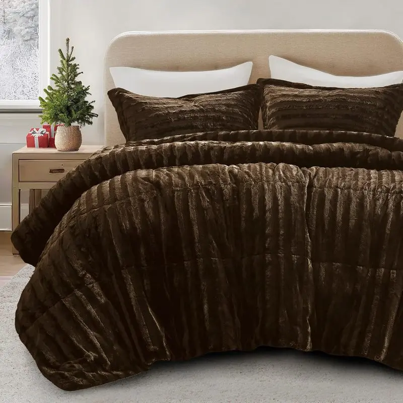 Chocolate Brown Plush Comforter Set Queen Size, 3-Piece Reversible Faux Fur Bedding Set, Soft Warm Cozy Winter Comforter with 2 Pillow Shams, Luxury All Season Bedding