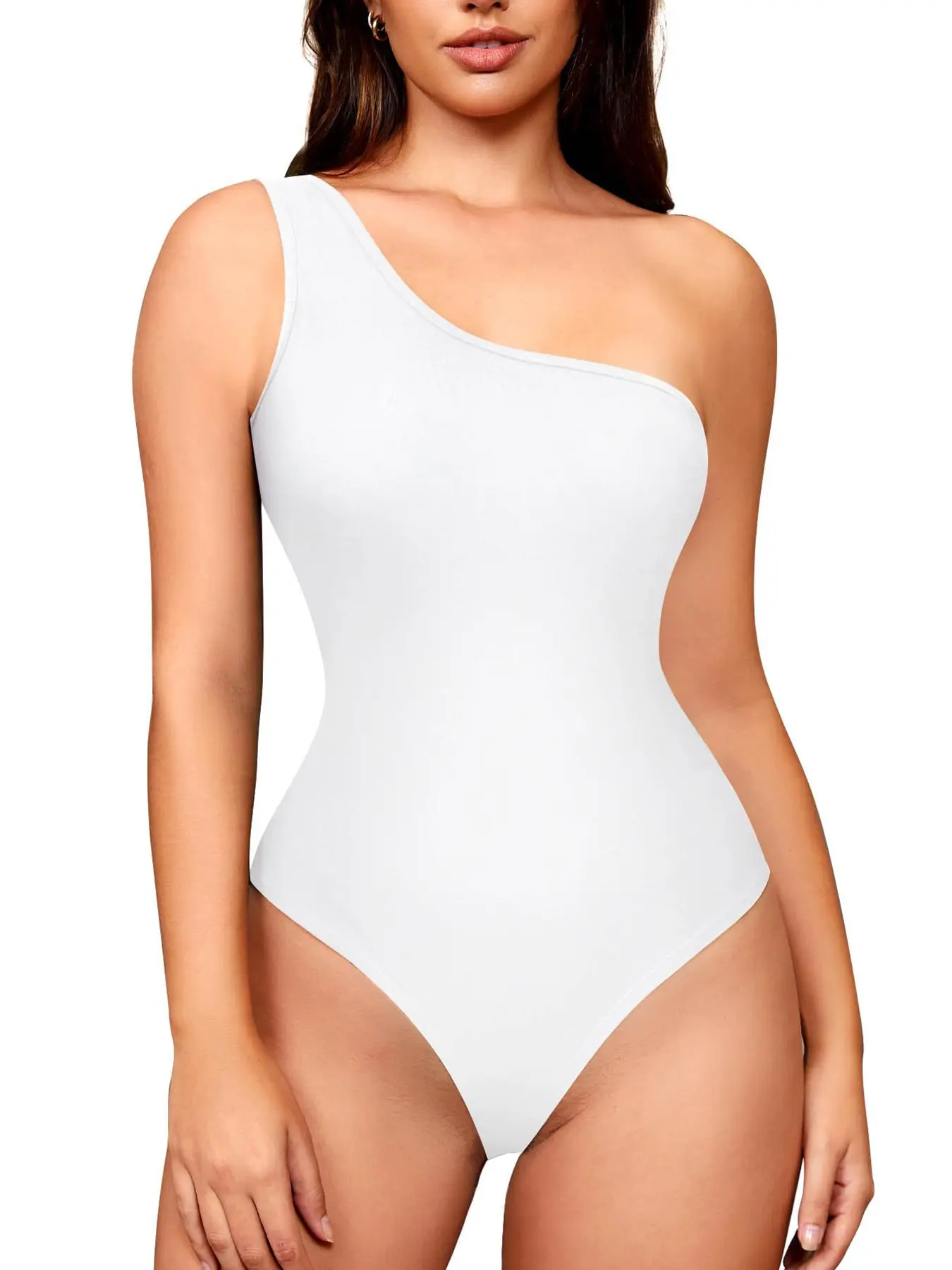 Women's High Elastic One-Shoulder Fashion Chic Bodysuit, Soft Cinched Waist Control Shapewear, Casual All Season Wearable, Moderate Fabric Thickness