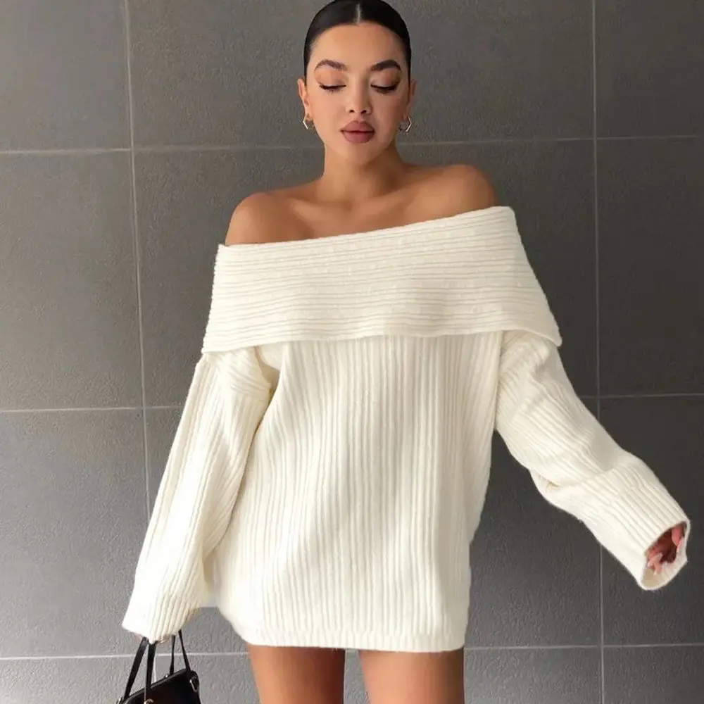 Women's 2026 Autumn New 1-Word Collar Off-Shoulder Long-Sleeved Loose Knitted Sweater, Sexy Knit Top