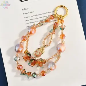 Luxury Dunhuang Color Scheme Beaded Phone Lanyard, Elegant Gold Plated Lucky Charm Keychain, High-End Crystal Beaded Strap for Women, Good Luck Bag & Phone Accessory
