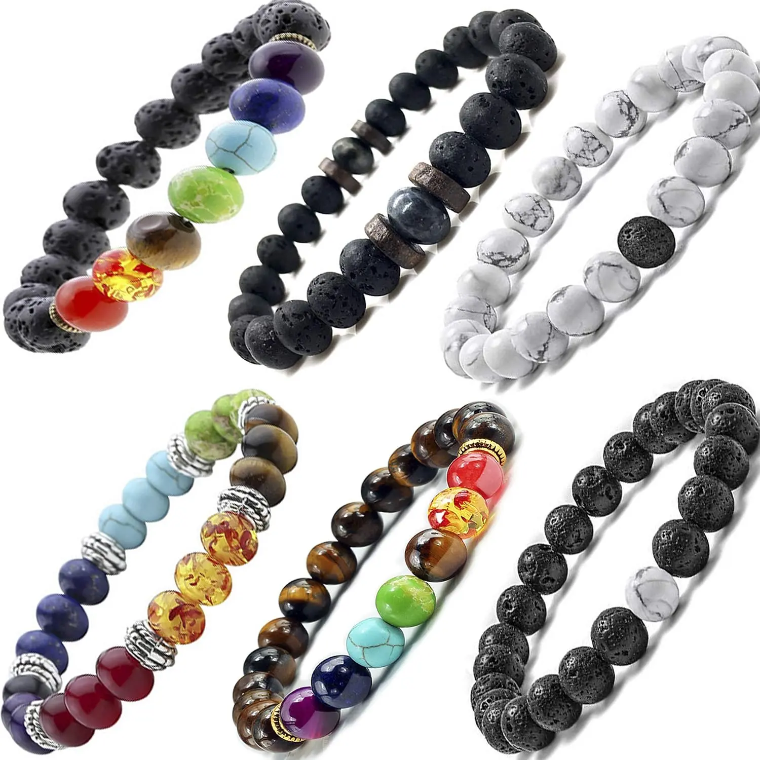 Black Lava Stone 7 Chakra Bracelets 6 count mix 8mm Yinyang Rock Bead Elastic  Stones  Oil Diffuser Yoga Menditation Beads Bracelets for Men Women  (6pcs Lava Stone Bracelet)