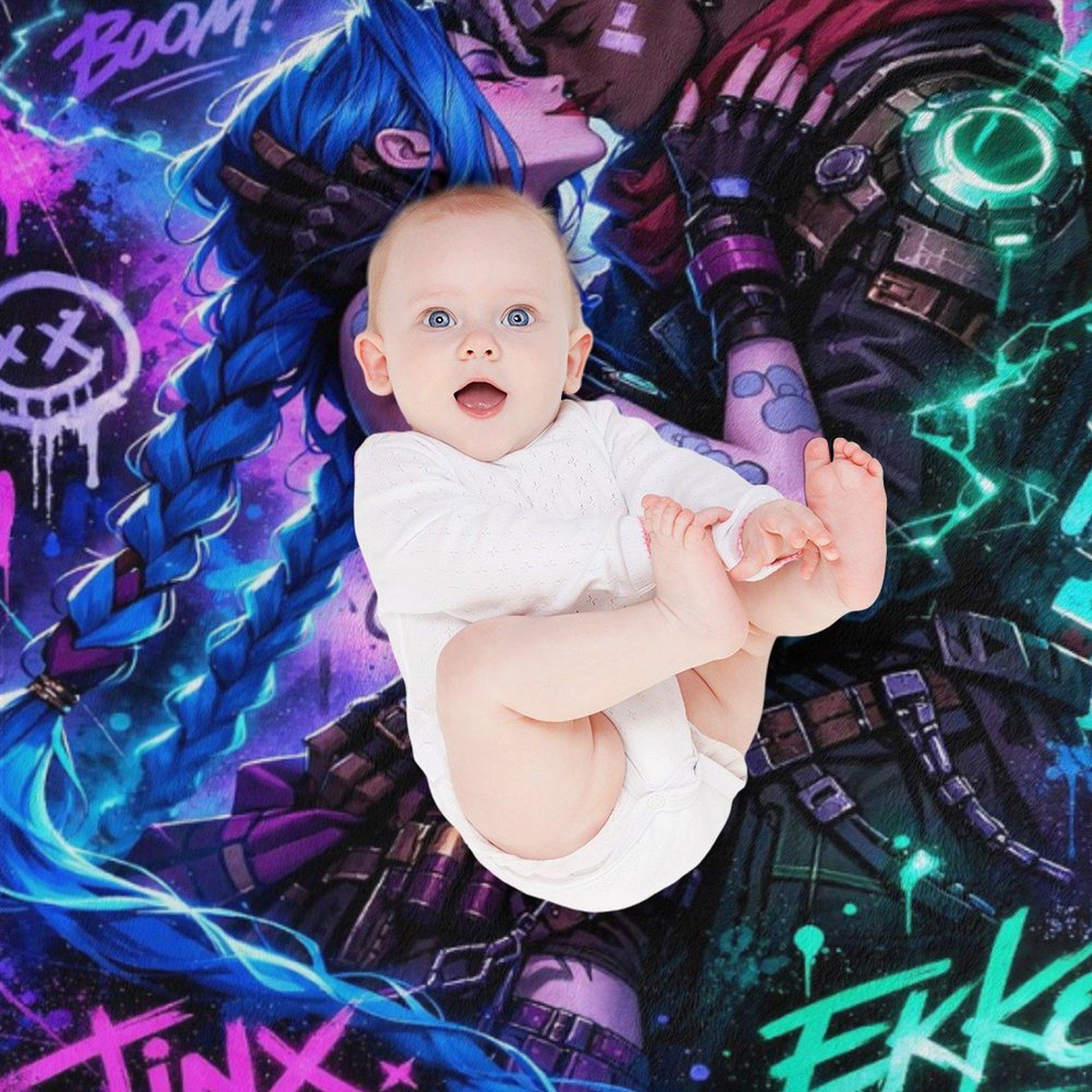 Jinx & Ekko "Neon Graffiti" Couple's Blanket | *Arcane* Anime Epic Flannel Throw Blanket