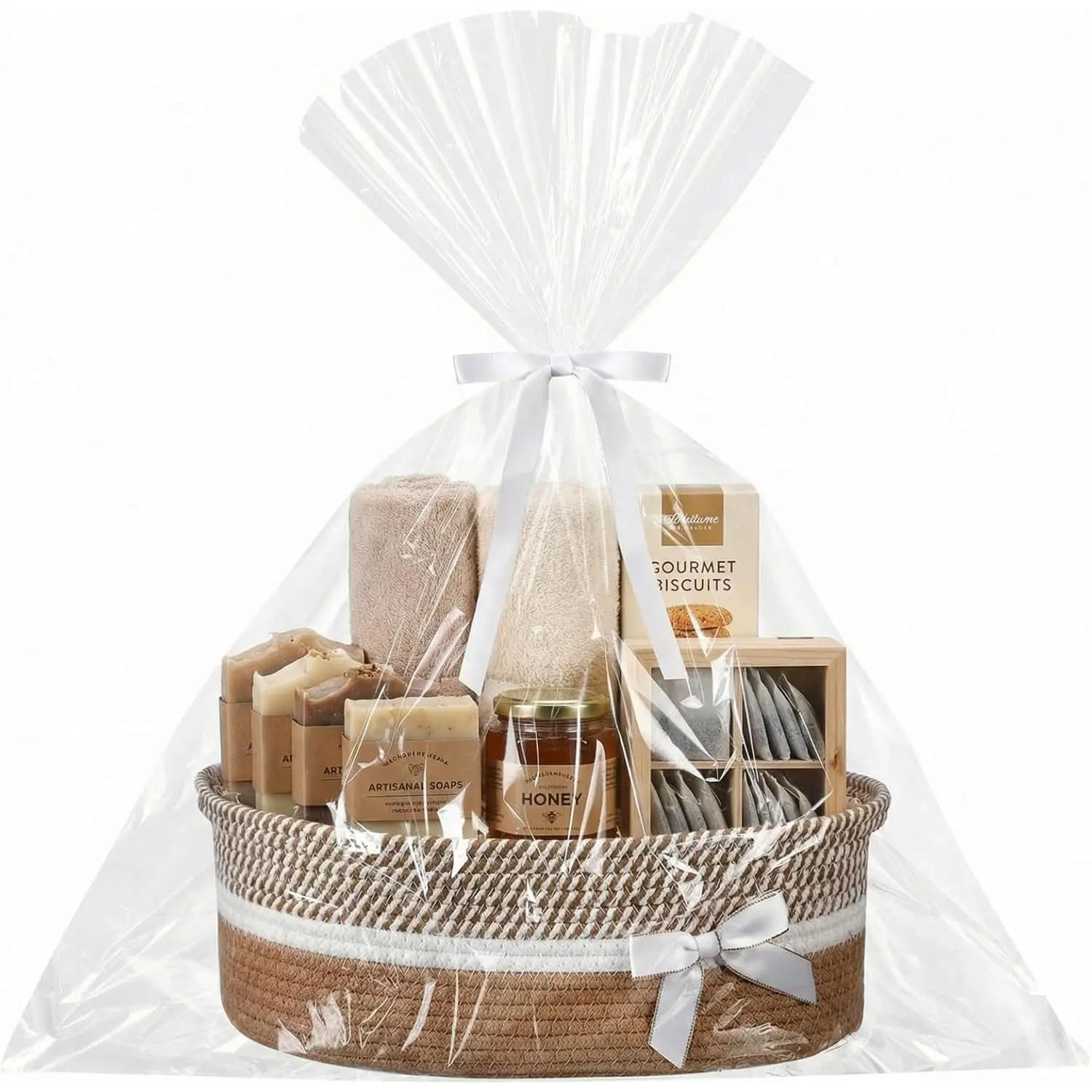 Woven Basket for Gift Empty with Cellophane Wrap Set 14 x 10 x 5.5 Inch, Medium Decorative Gift Basket Empty to Fill, Cotton Rope Storage Box Decor(Khaki White)