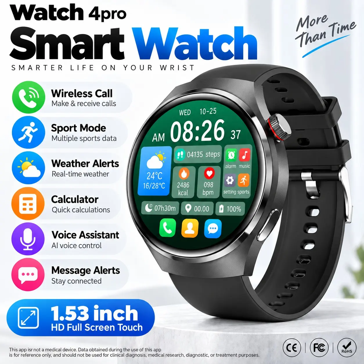 2026 new men's smart watch 4pro with Bluetooth call, fitness tracker, heart rate monitor, sleep tracker, 1.53" high-definition display, multiple exercise modes, music control and long battery life