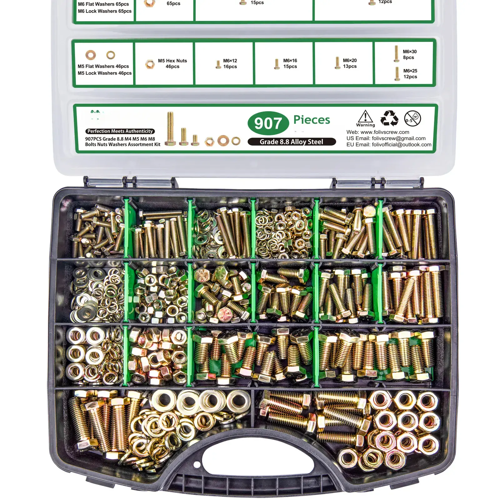 907/523 pcs Grade 8.8 Metric Bolt Assortment, M4 M5 M6 M8 Heavy Duty Bolts and Nuts Kit, Yellow Zinc Plated, Length from 12-30mm ver  x  bolts Christmas & New Year Gift Ideas Hardware Washers Alloy Steel