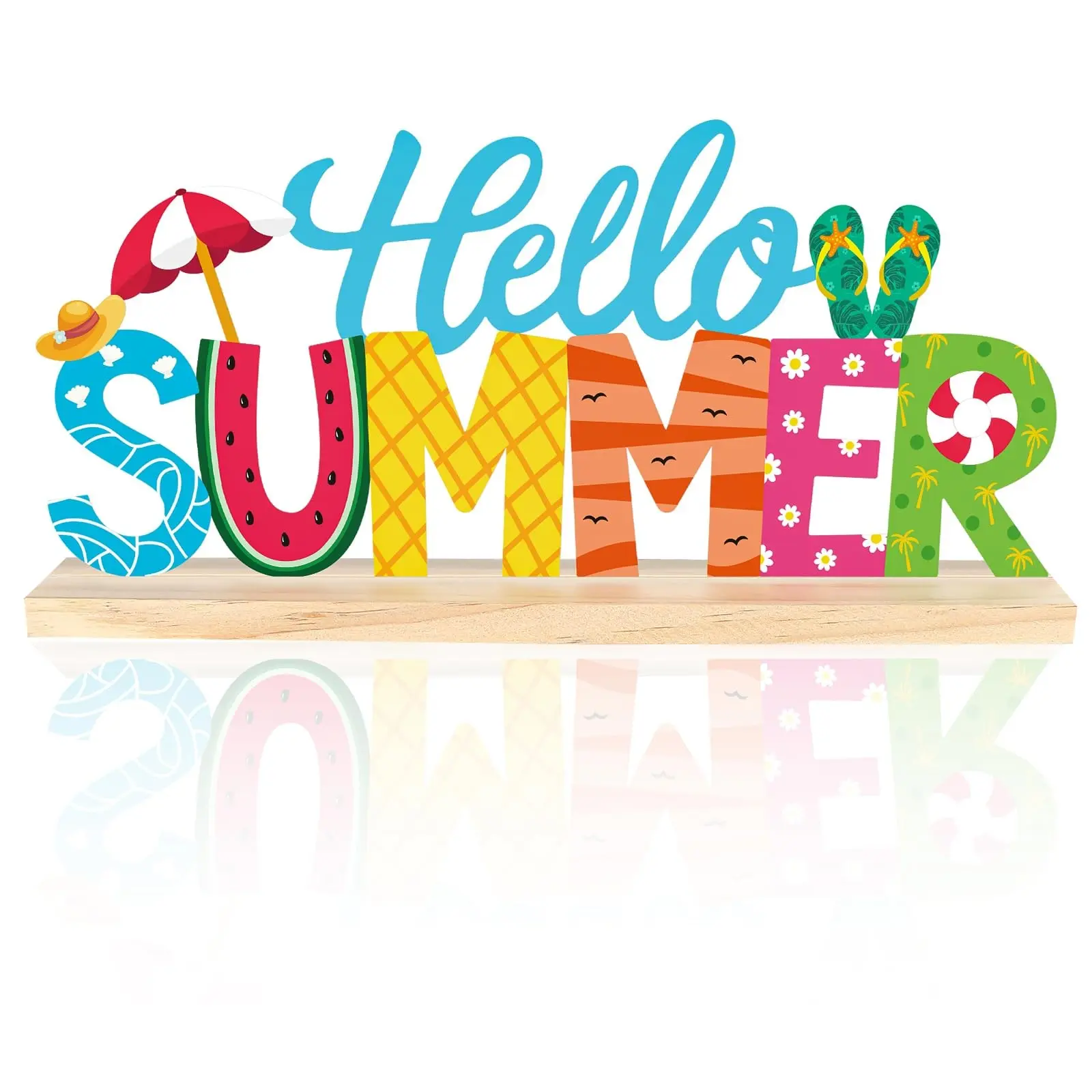 Metal Hello Summer Sign, Home Office Shelf Fireplace Decor, Indoor Summer Decoration, Beach Sandal Table Centerpiece, Watermelon Accent